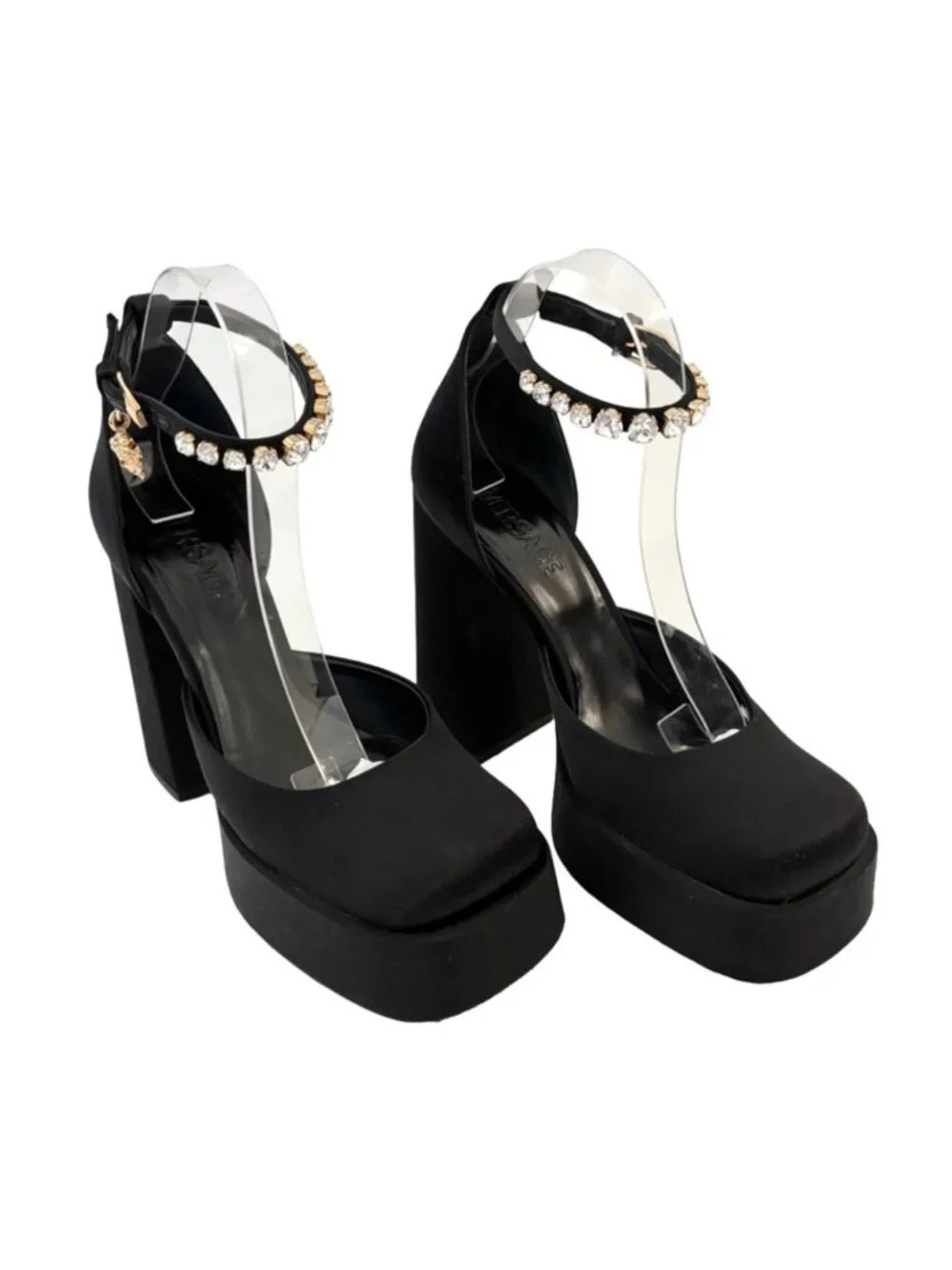 Versace Medusa Aevitas Black Satin Pumps Platform Crystal Heel EU 39.5 US 9.5